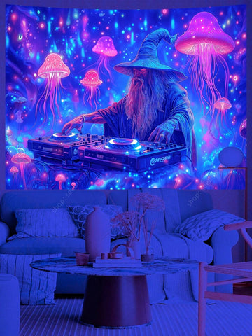 Fantasy Wizard DJ UV Reactive Tapestry Neon Mushroom Forest Glow Soundwave Wall Art Vibrant Bohemian Decor Bedroom Studio Rave Music Lover Immersive Light Magic